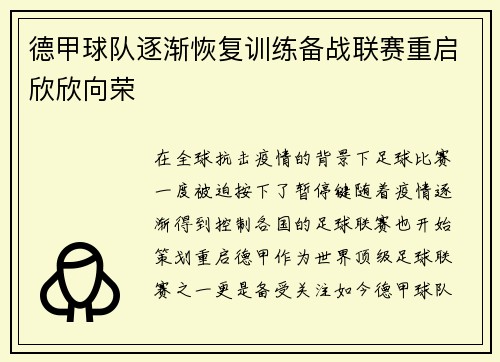 德甲球队逐渐恢复训练备战联赛重启欣欣向荣